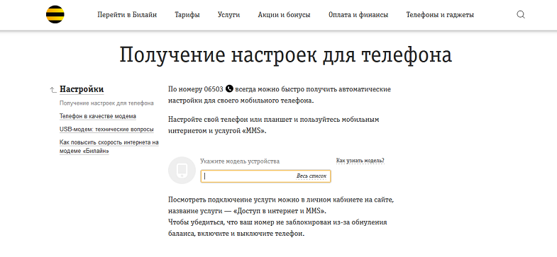 Настройка интернета на Билайн через сайт